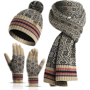 Women's 3Pieces Khaki Set Beanie Fleece Skull Cap Pompom Neck Scarves Gloves